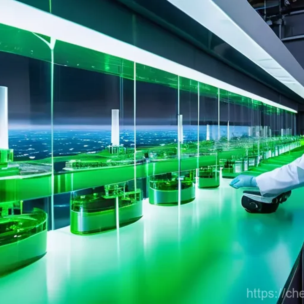 친환경 화학공정 - **CO2 to Aviation Fuel Transformation:** A futuristic and clean industrial facility with large, glea...