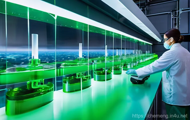 친환경 화학공정 - **CO2 to Aviation Fuel Transformation:** A futuristic and clean industrial facility with large, glea...