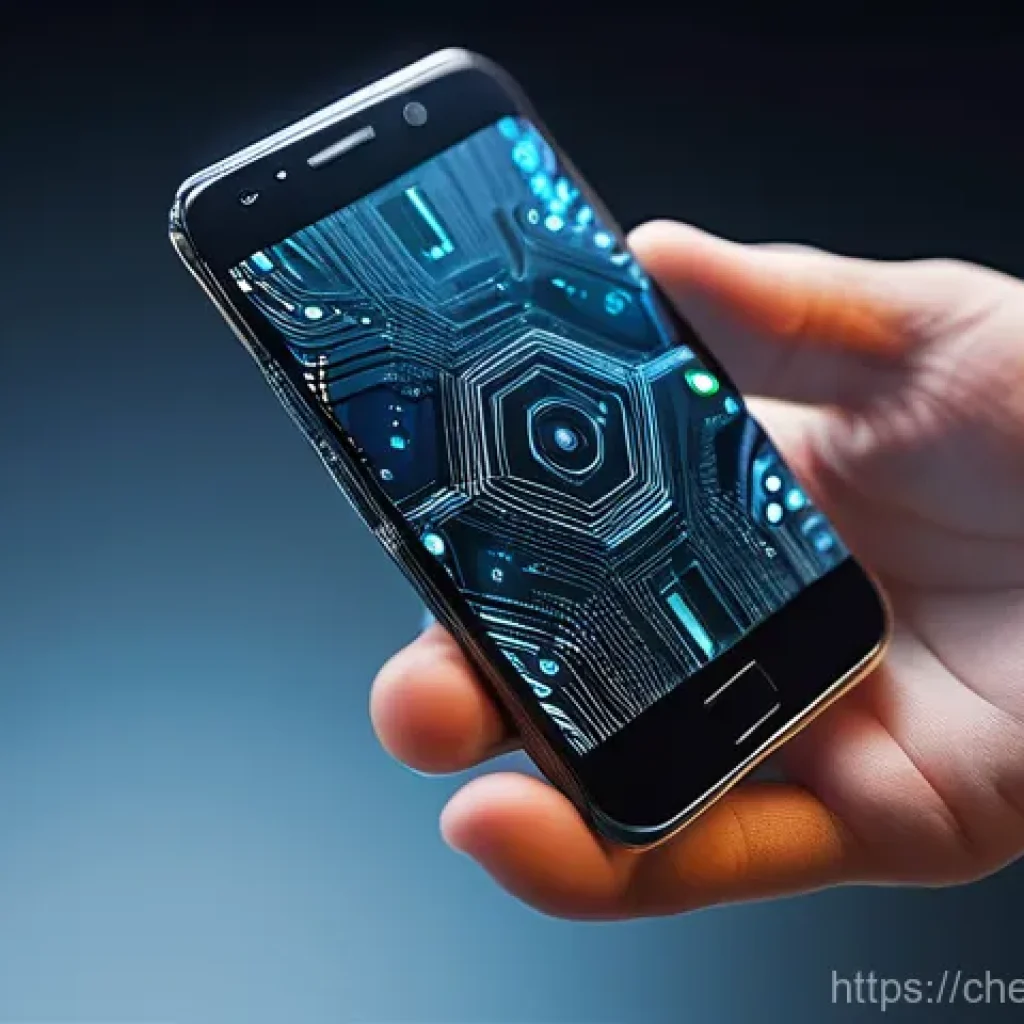 전자재료와 나노기술 - **Prompt:** A close-up of a human hand delicately holding a transparent, futuristic smartphone. Micr...