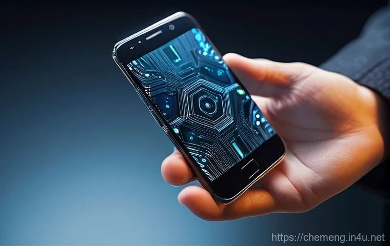 전자재료와 나노기술 - **Prompt:** A close-up of a human hand delicately holding a transparent, futuristic smartphone. Micr...