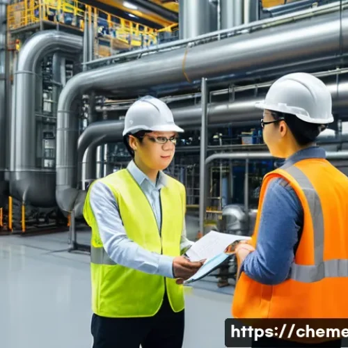 Home 29 공정안전관리 PSM - A highly detailed, realistic image of a modern chemical or paint manufacturing facility. In the fore...