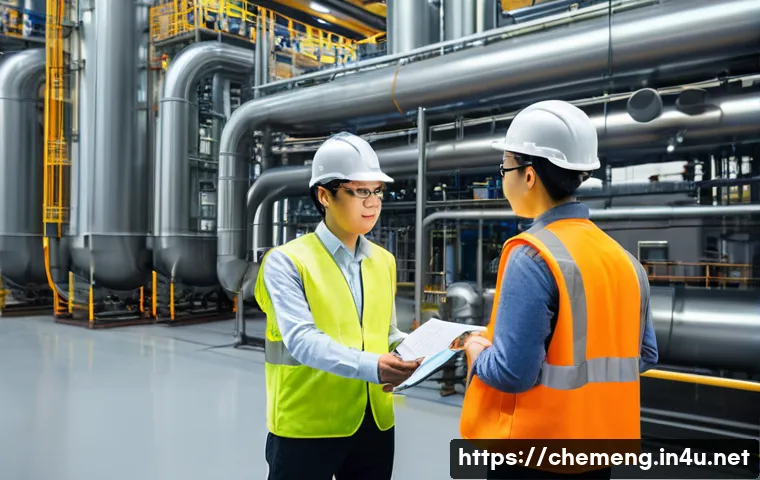 공정안전관리 PSM - A highly detailed, realistic image of a modern chemical or paint manufacturing facility. In the fore...