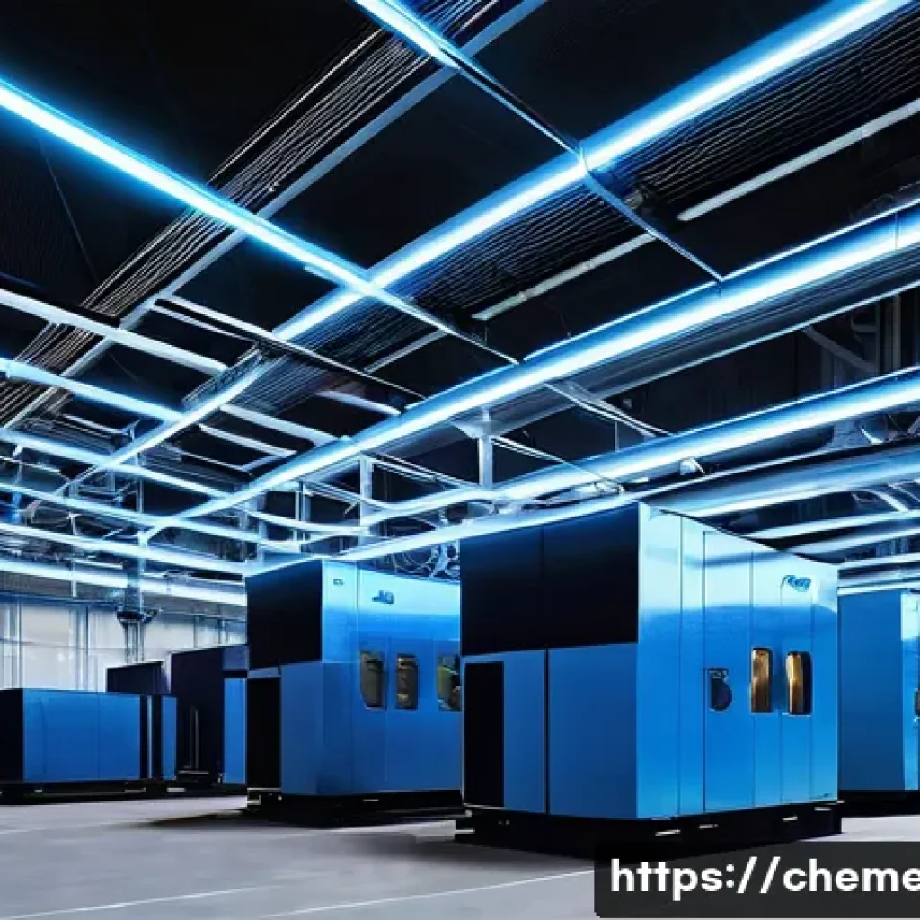 에너지 변환 소재 및 공정 - **Prompt:** A futuristic, high-tech industrial facility with large, gleaming pipes emitting faint he...