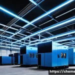 에너지 변환 소재 및 공정 - **Prompt:** A futuristic, high-tech industrial facility with large, gleaming pipes emitting faint he...