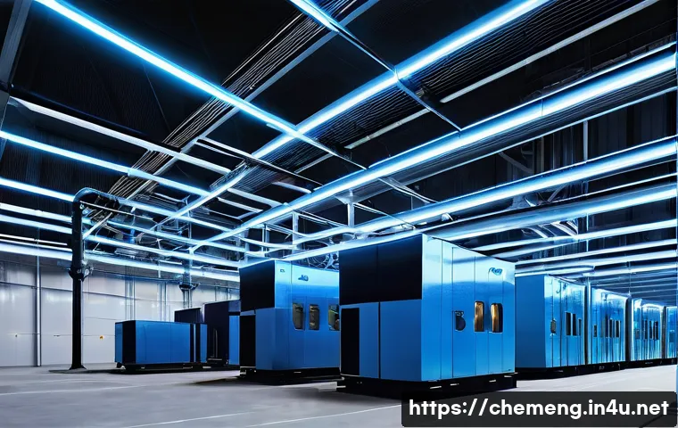 에너지 변환 소재 및 공정 - **Prompt:** A futuristic, high-tech industrial facility with large, gleaming pipes emitting faint he...