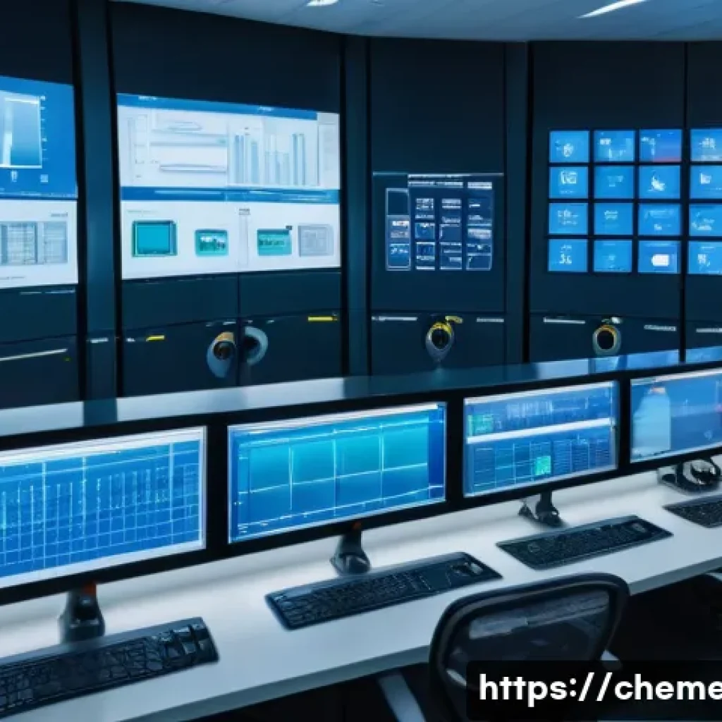 화학공학과 로봇 자동화 - A high-tech chemical processing control room with engineers monitoring real-time data on multiple la...