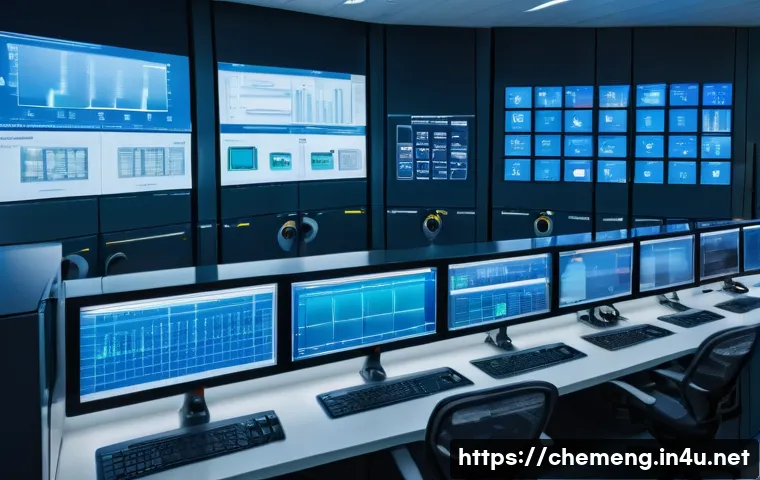 화학공학과 로봇 자동화 - A high-tech chemical processing control room with engineers monitoring real-time data on multiple la...
