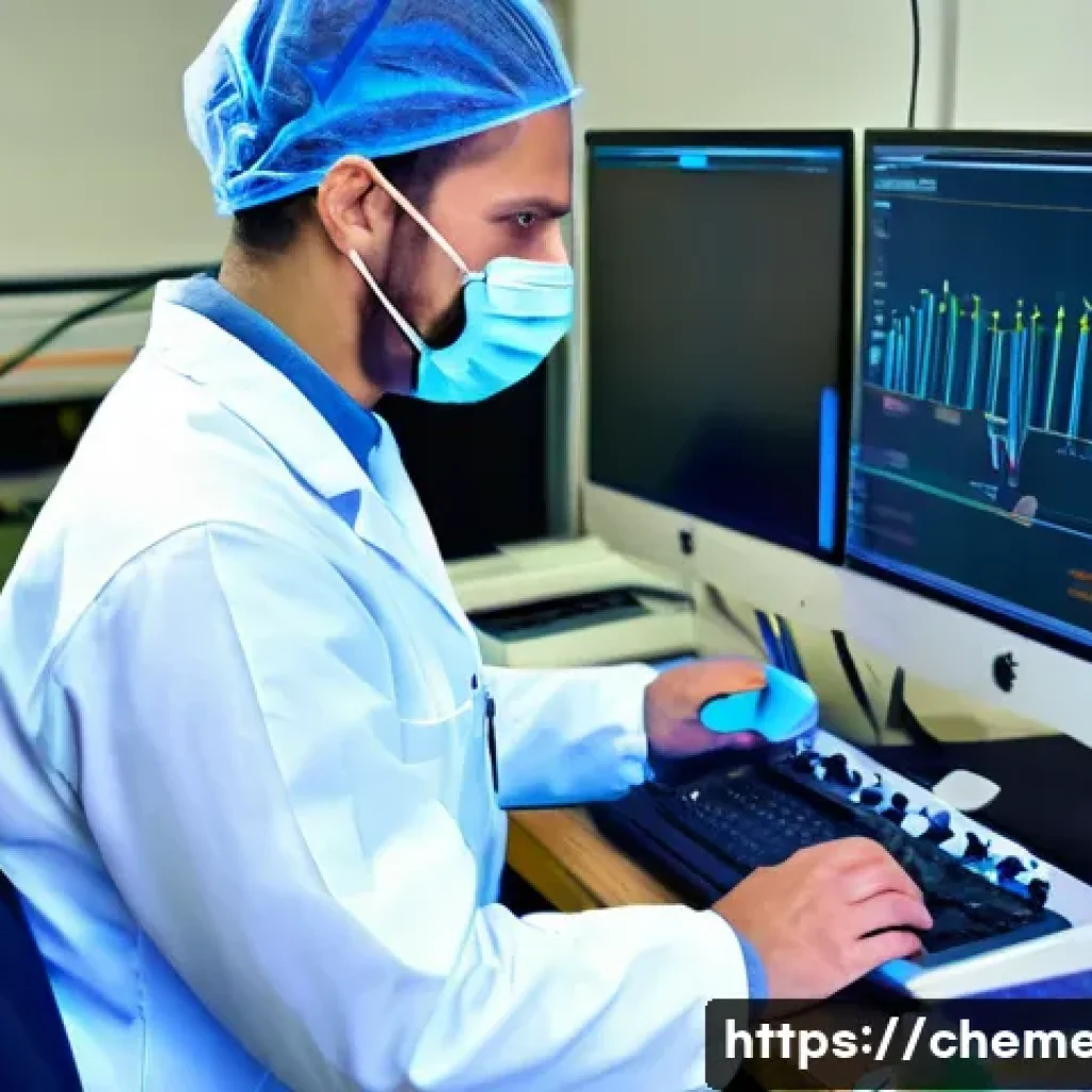 전기화학 분석 기술 - A high-tech laboratory scene showing a scientist analyzing electrochemical signals using a potentios...