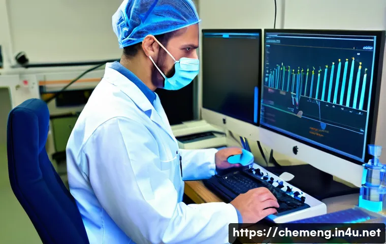 전기화학 분석 기술 - A high-tech laboratory scene showing a scientist analyzing electrochemical signals using a potentios...