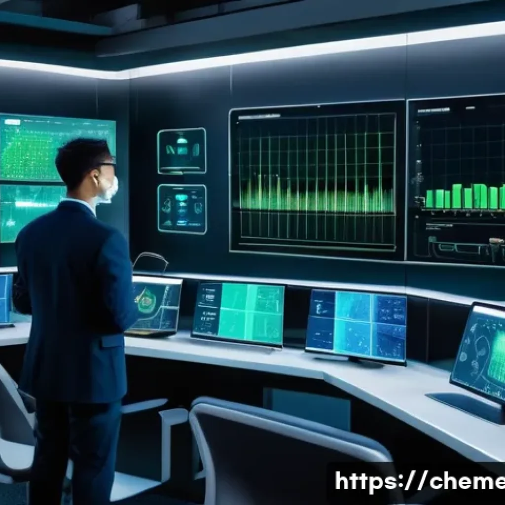 AI 기반 화학공정 최적화 - A futuristic chemical plant control room with large digital screens displaying real-time AI data ana...