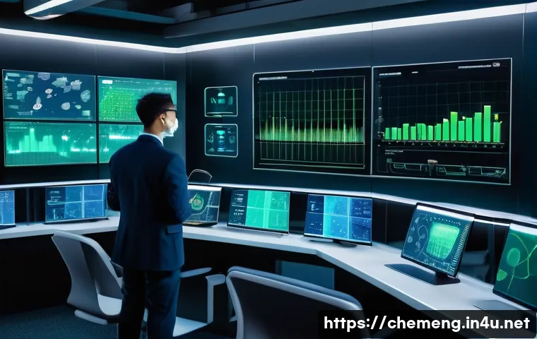 AI 기반 화학공정 최적화 - A futuristic chemical plant control room with large digital screens displaying real-time AI data ana...