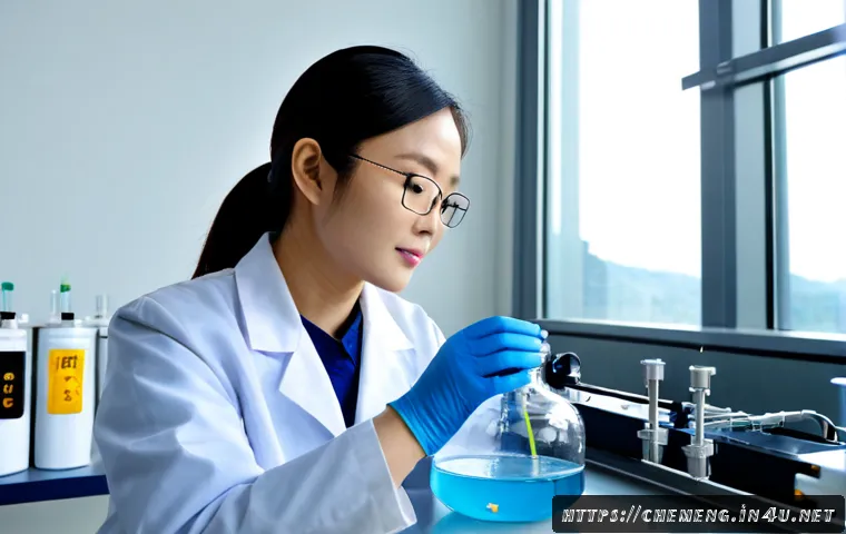 생물공정공학 - Photorealistic biotechnology laboratory scene, a female bioengineering researcher in clean lab coat,...